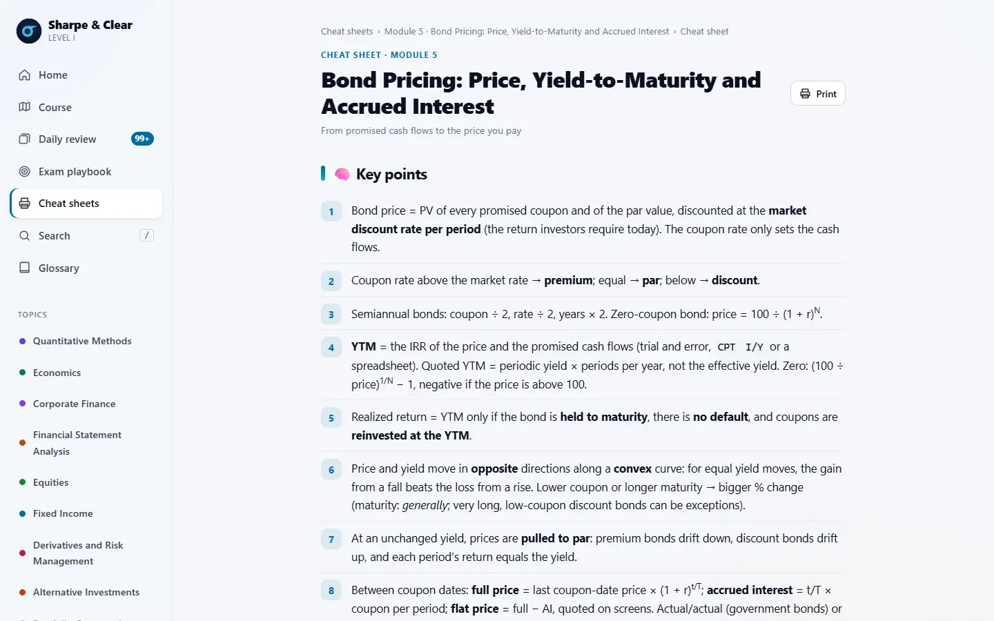 The cheat sheet of a bond pricing module: numbered key points with the formulas