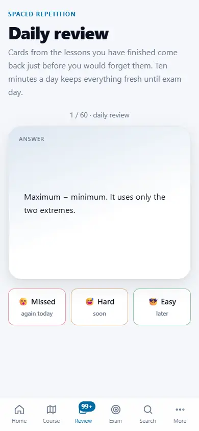 The daily review in the app: a flashcard turned over, with the buttons Missed, Hard and Easy