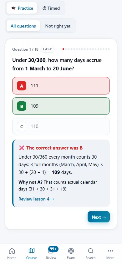 A practice question in the app: the chosen answer is marked, with the full working and a link to the lesson to review